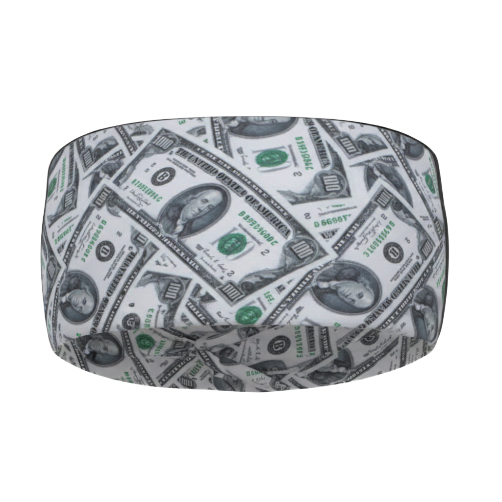 Pillow with dollar bill pattern on a white background