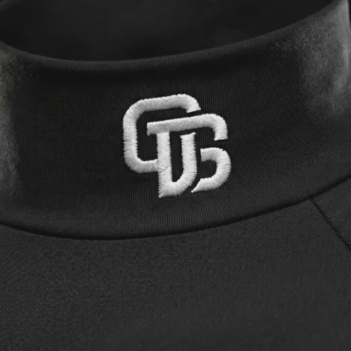 Black short sleeve mock neck compression shirt in premium studio angled view