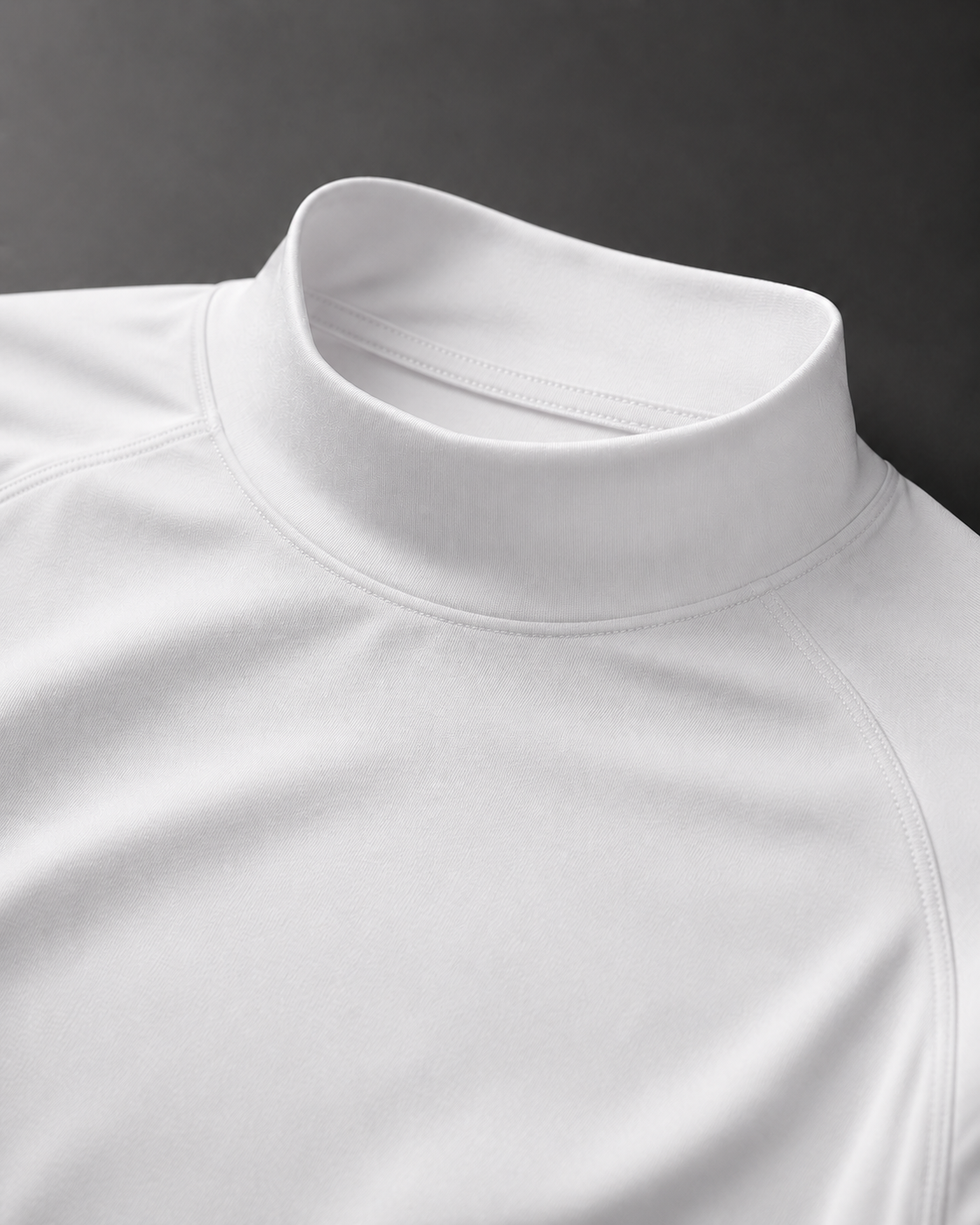 white short sleeve mock neck compression shirt in premium studio angled view